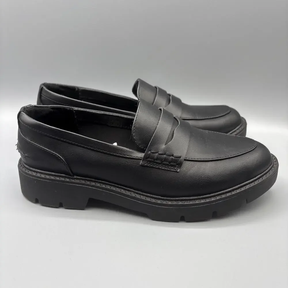 A New Day Chunky Penny Loafers Size 9.5 Black Faux Vegan Leather Dark Academia